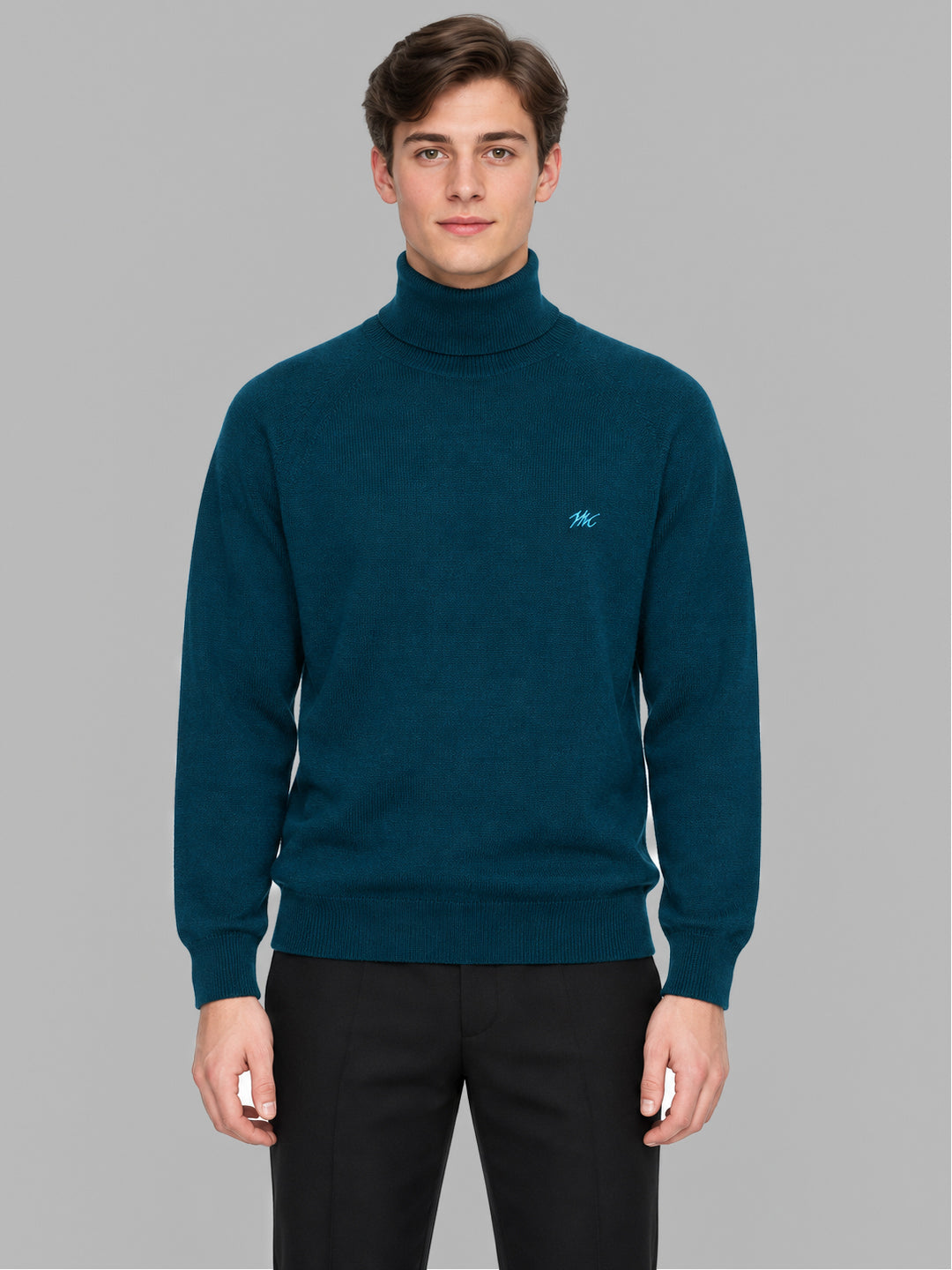 Men Teal Blue Solid Turtle Neck Full Sleeve Pullover