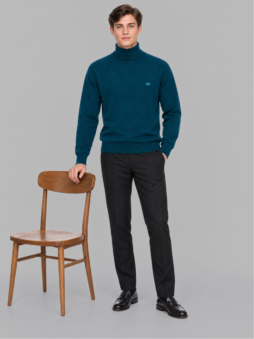 Men Teal Blue Solid Turtle Neck Full Sleeve Pullover