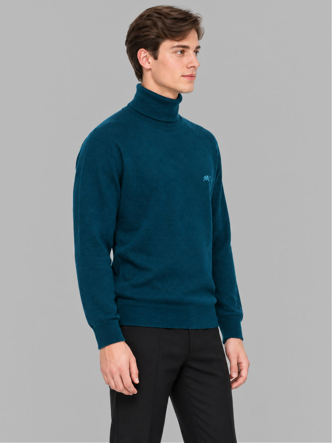 Men Teal Blue Solid Turtle Neck Full Sleeve Pullover