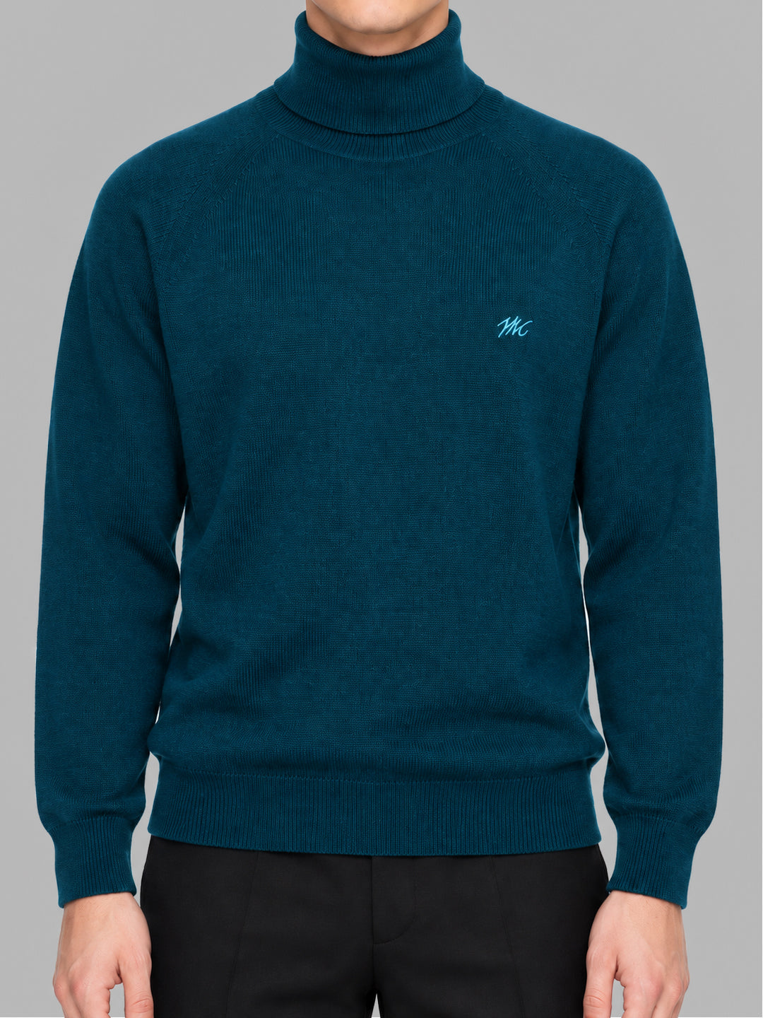 Men Teal Blue Solid Turtle Neck Full Sleeve Pullover