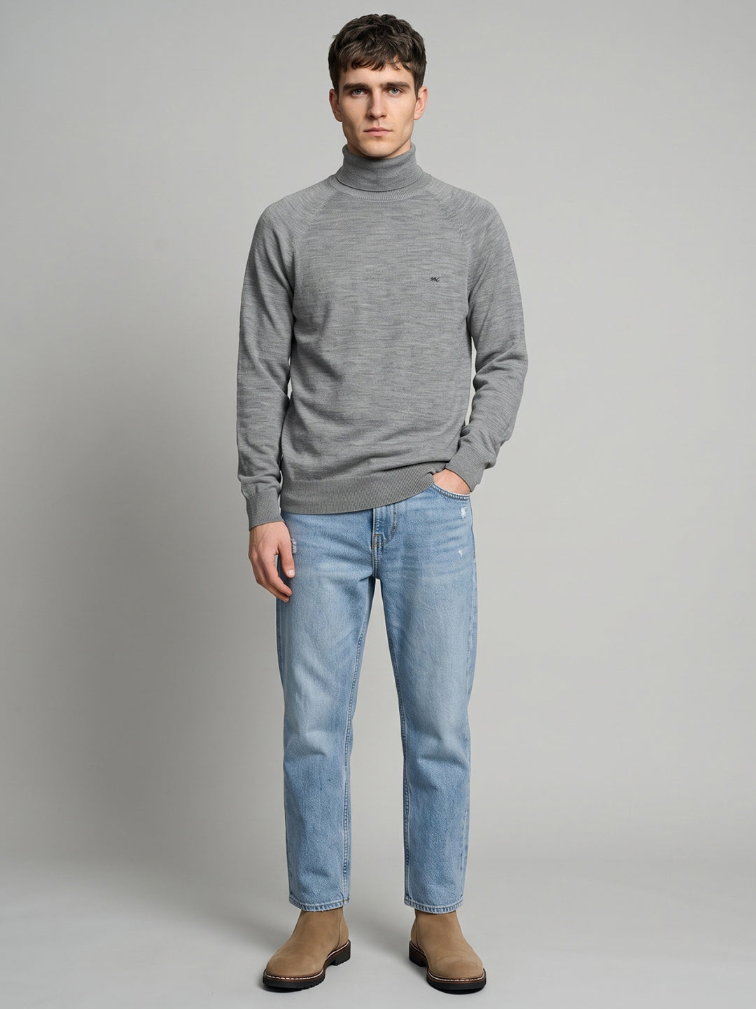 Men Grey Solid Turtle Neck Full Sleeve Pullover