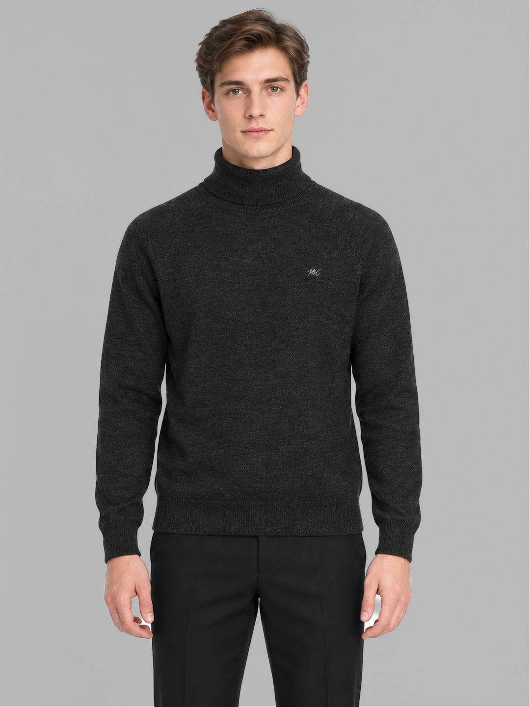 Men Grey Solid Turtle Neck Full Sleeve Pullover