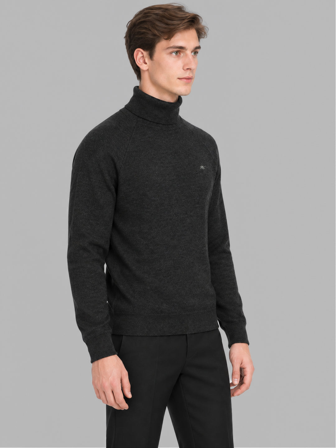 Men Grey Solid Turtle Neck Full Sleeve Pullover