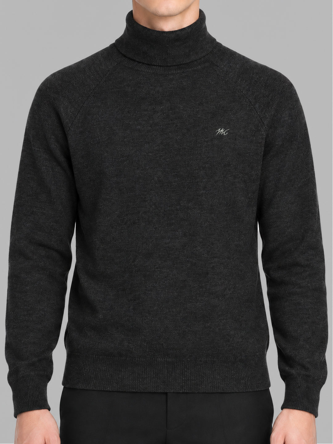 Men Grey Solid Turtle Neck Full Sleeve Pullover