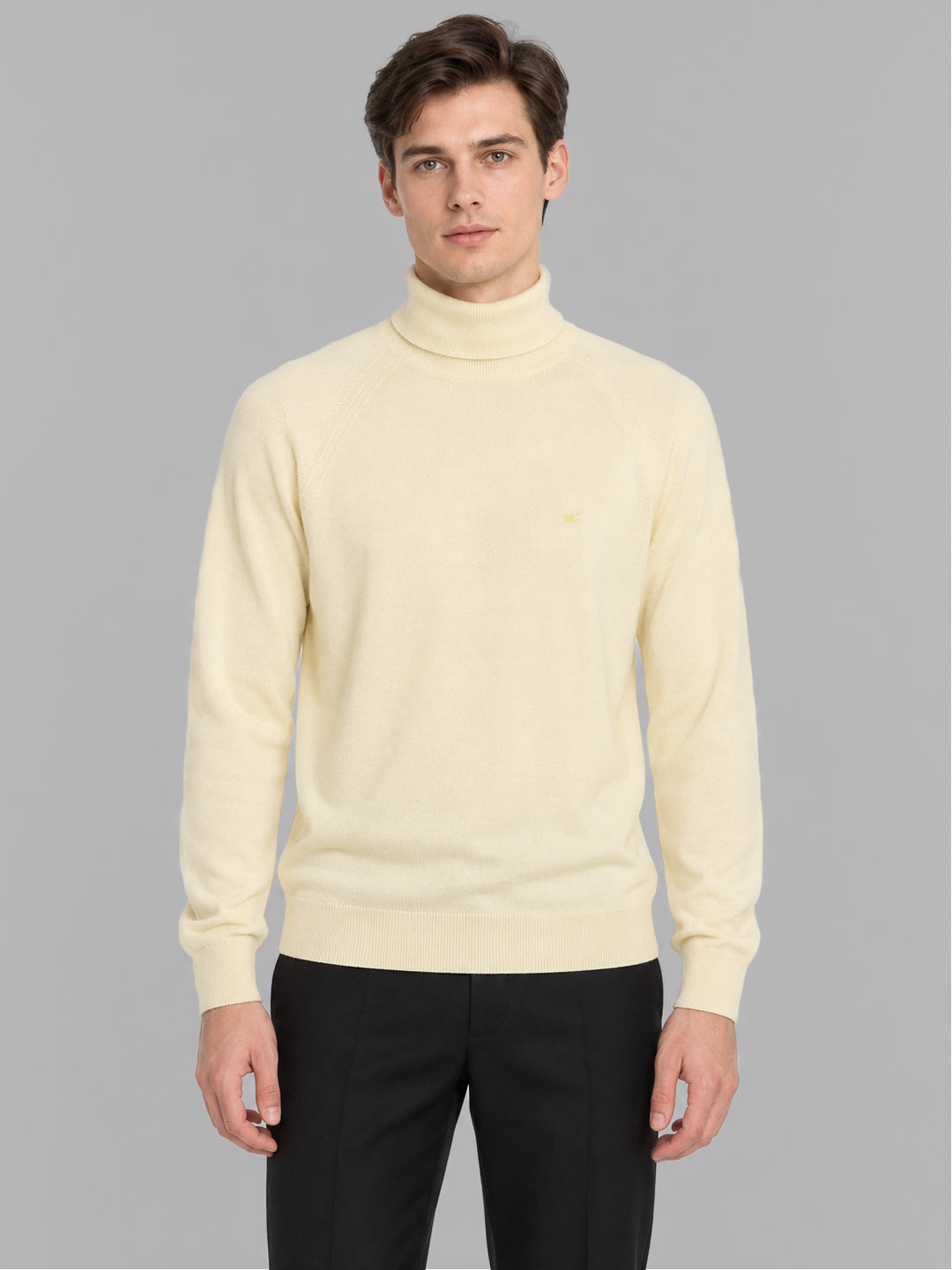 Men Cream Solid Turtle Neck Full Sleeve Pullover