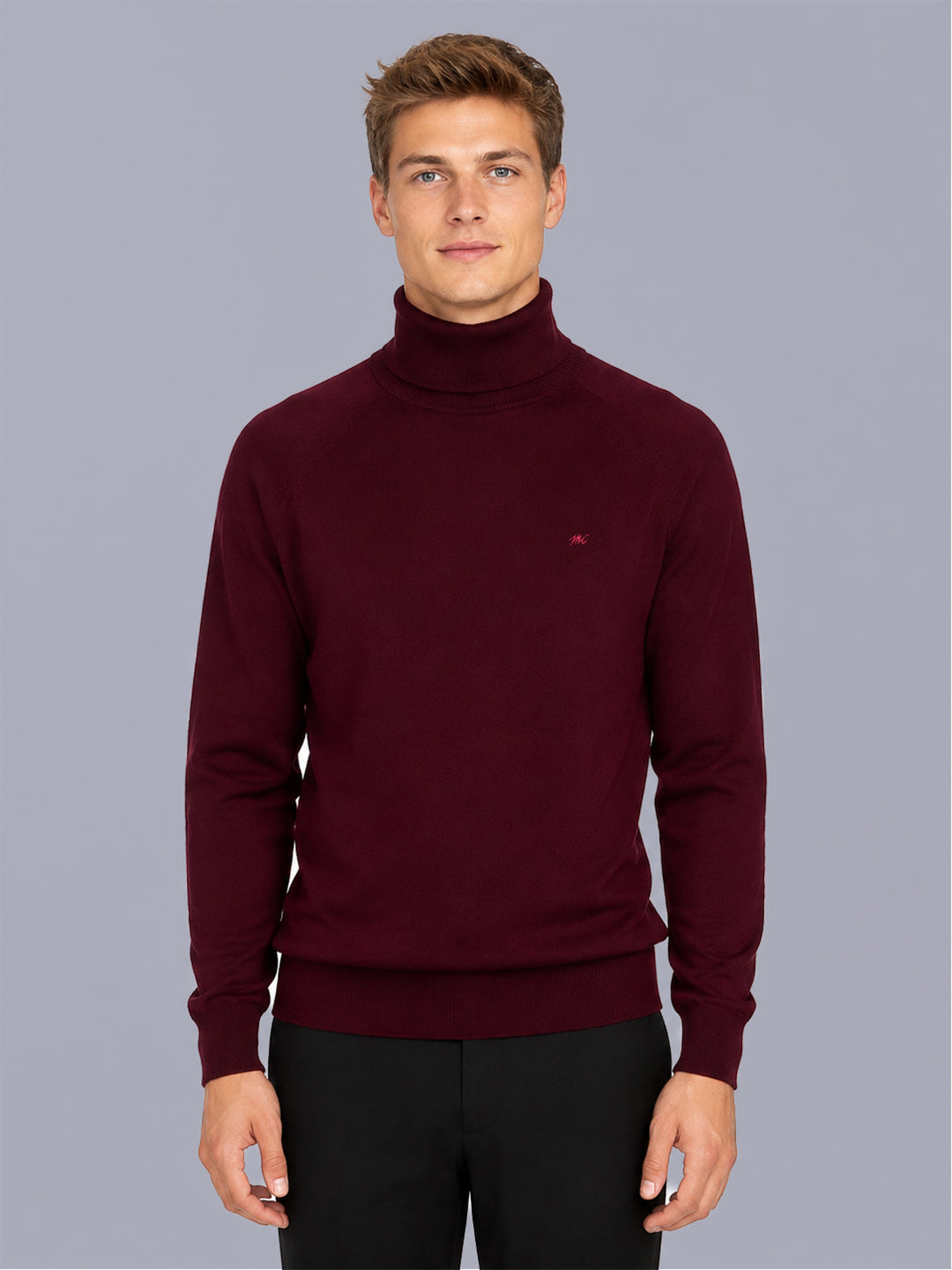 Men Maroon Solid Turtle Neck Full Sleeve Pullover