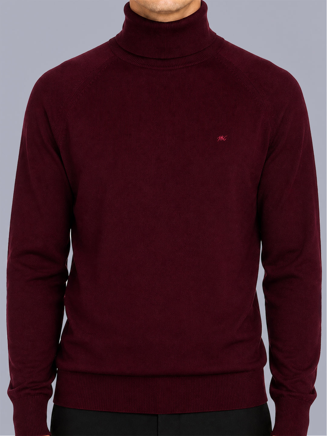 Men Maroon Solid Turtle Neck Full Sleeve Pullover