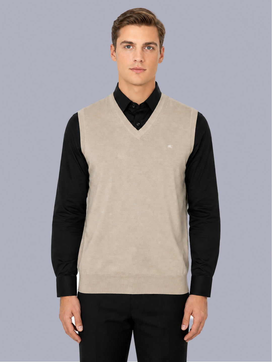 Men Beige Solid V Neck Sleeveless Sweater
