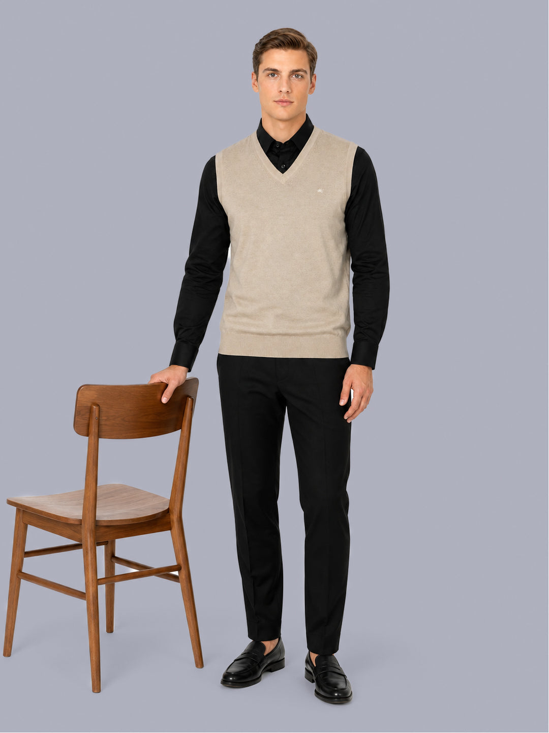 Men Beige Solid V Neck Sleeveless Sweater