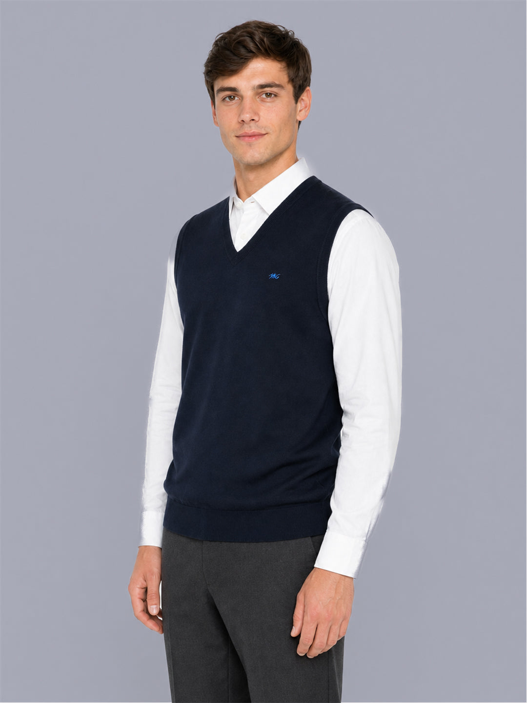 Men Navy Blue Solid V Neck Sleeveless Sweater