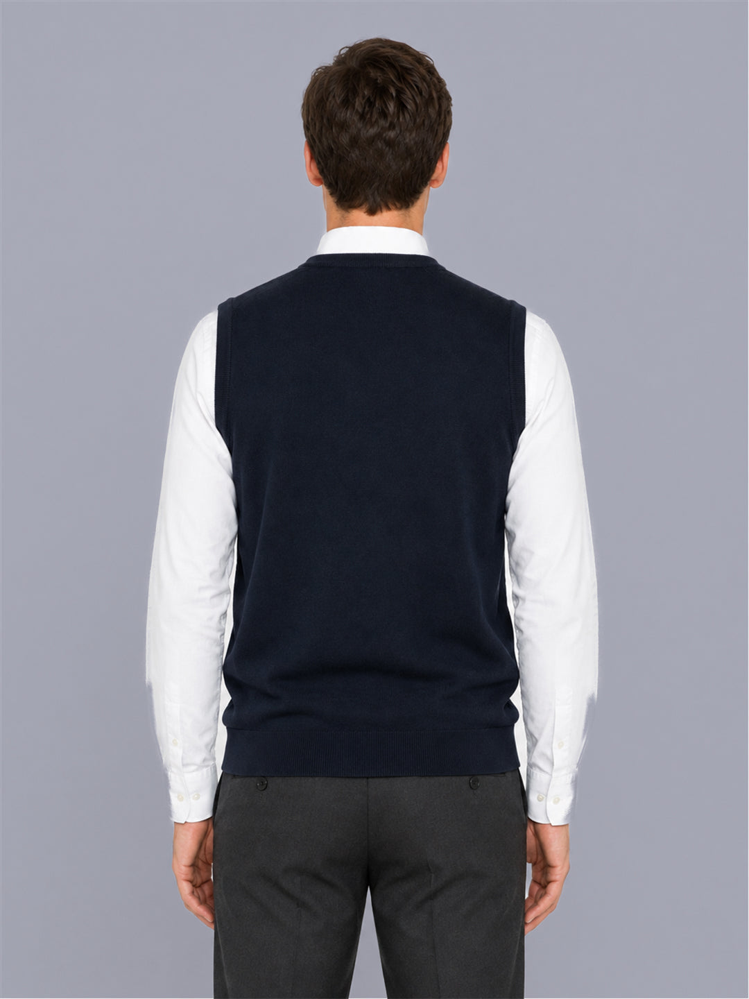 Men Navy Blue Solid V Neck Sleeveless Sweater