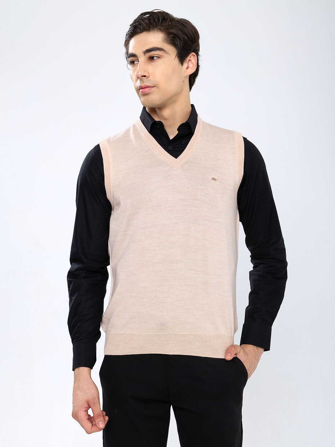 Men Beige Solid V Neck Sleeveless Sweater