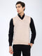 Men Beige Solid V Neck Sleeveless Sweater
