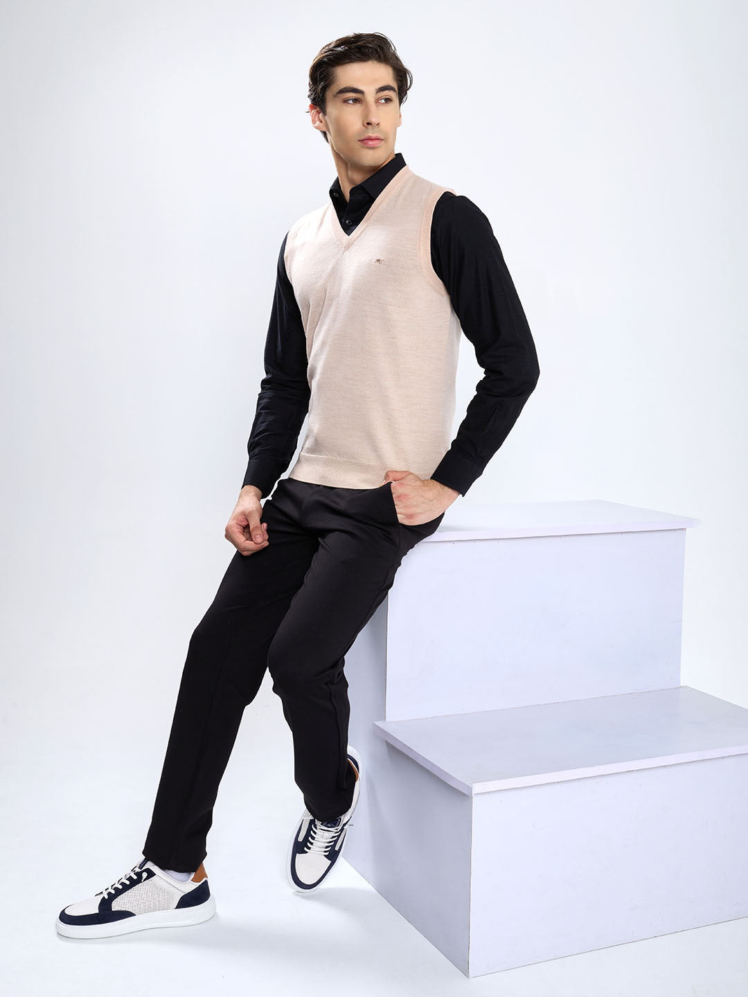 Men Beige Solid V Neck Sleeveless Sweater