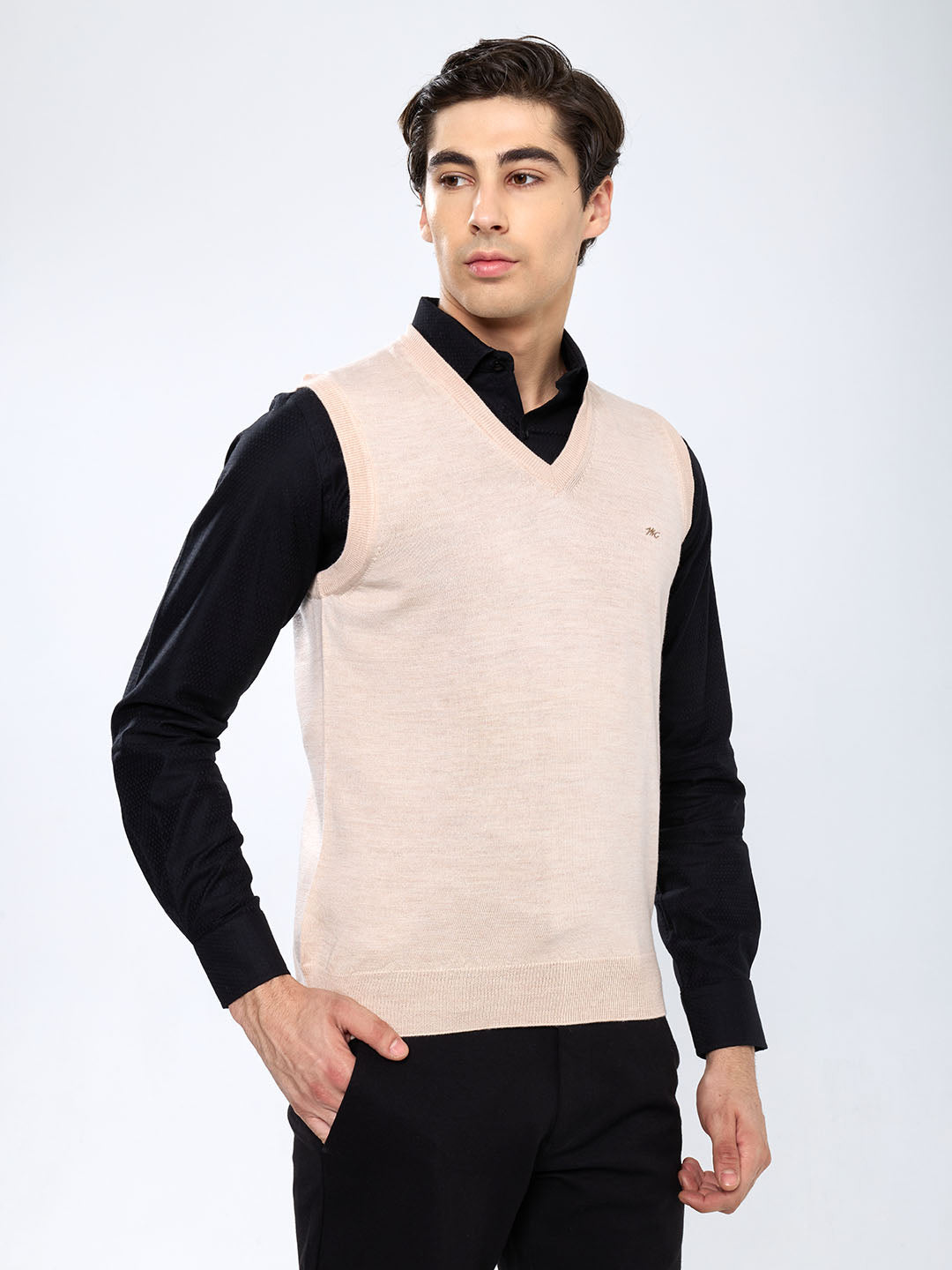 Men Beige Solid V Neck Sleeveless Sweater