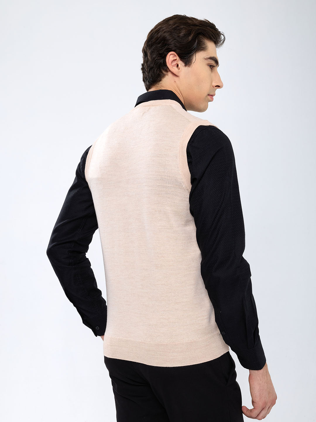 Men Beige Solid V Neck Sleeveless Sweater