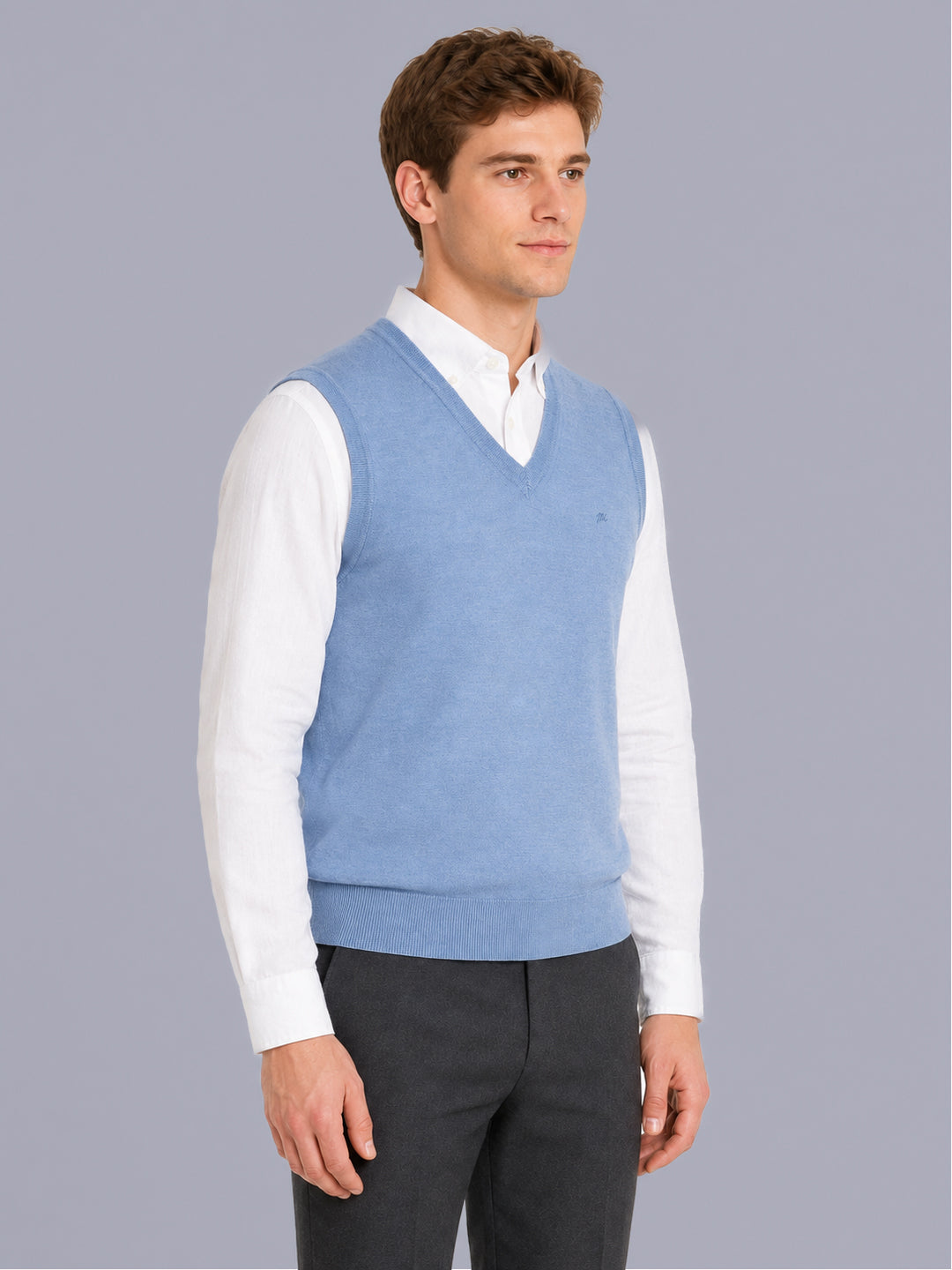 Men Blue Solid V Neck Sleeveless Sweater