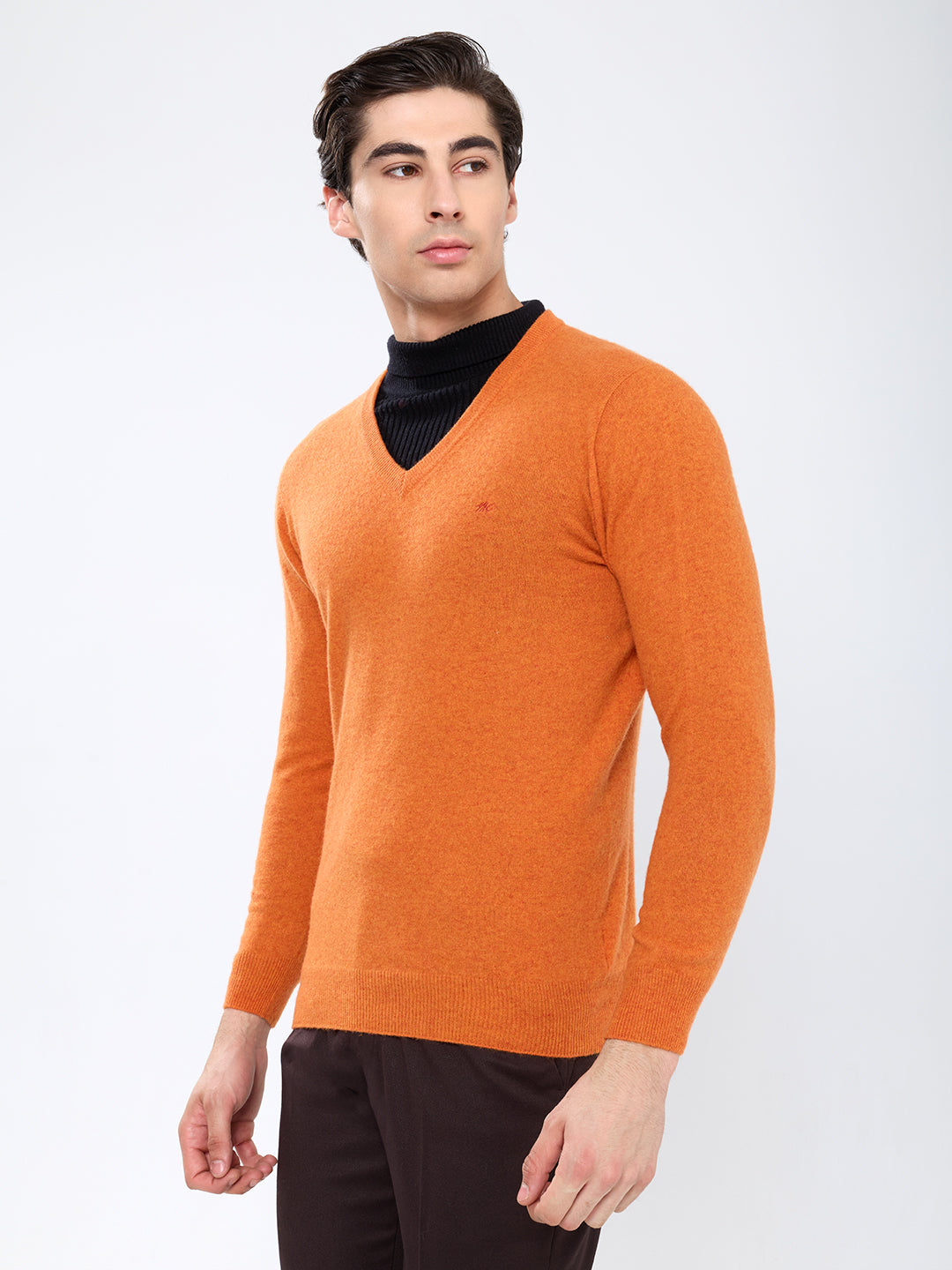 Men Orange Solid V Neck Full Sleeve Pullover