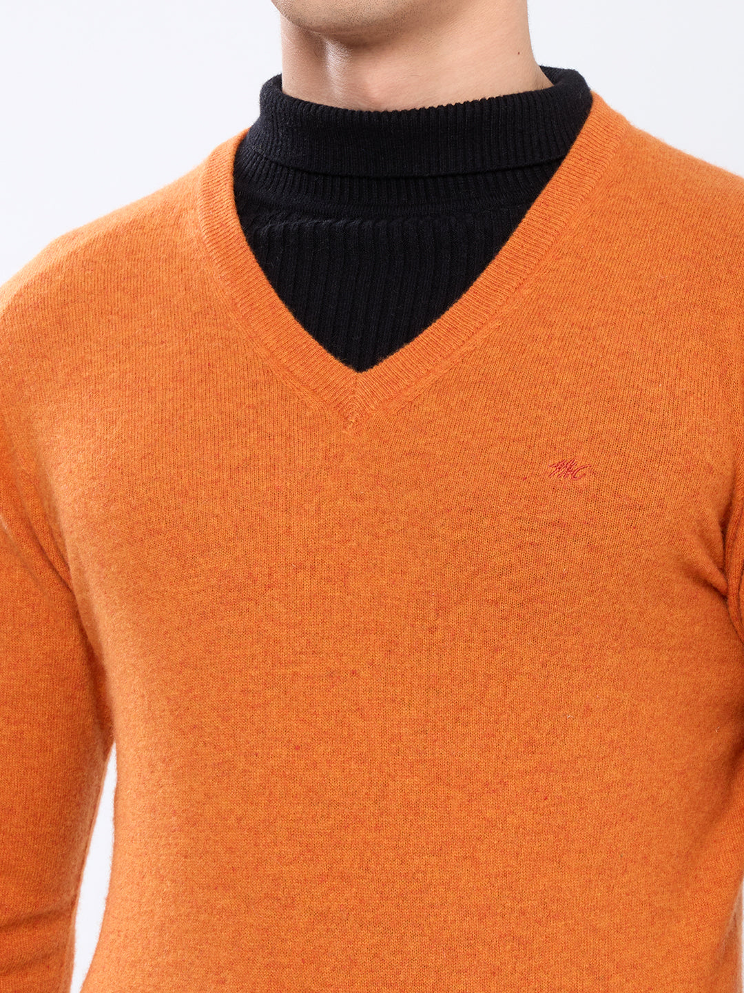 Men Orange Solid V Neck Full Sleeve Pullover