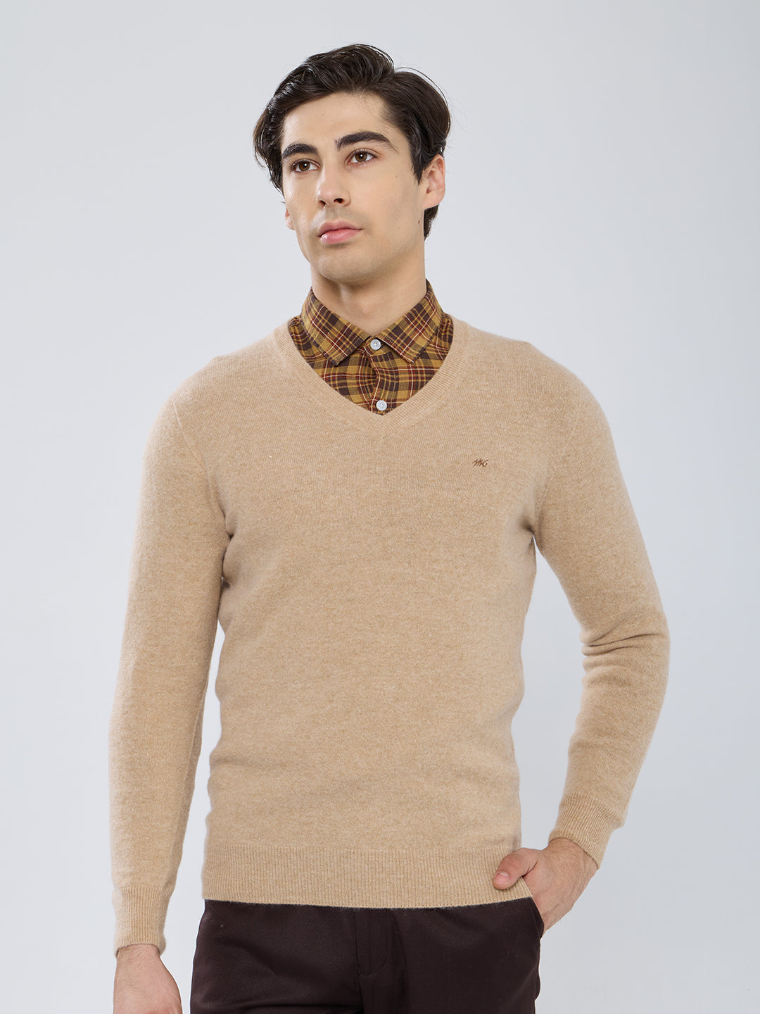 Men Camel Brown Solid V Neck Full Sleeve Pullover
