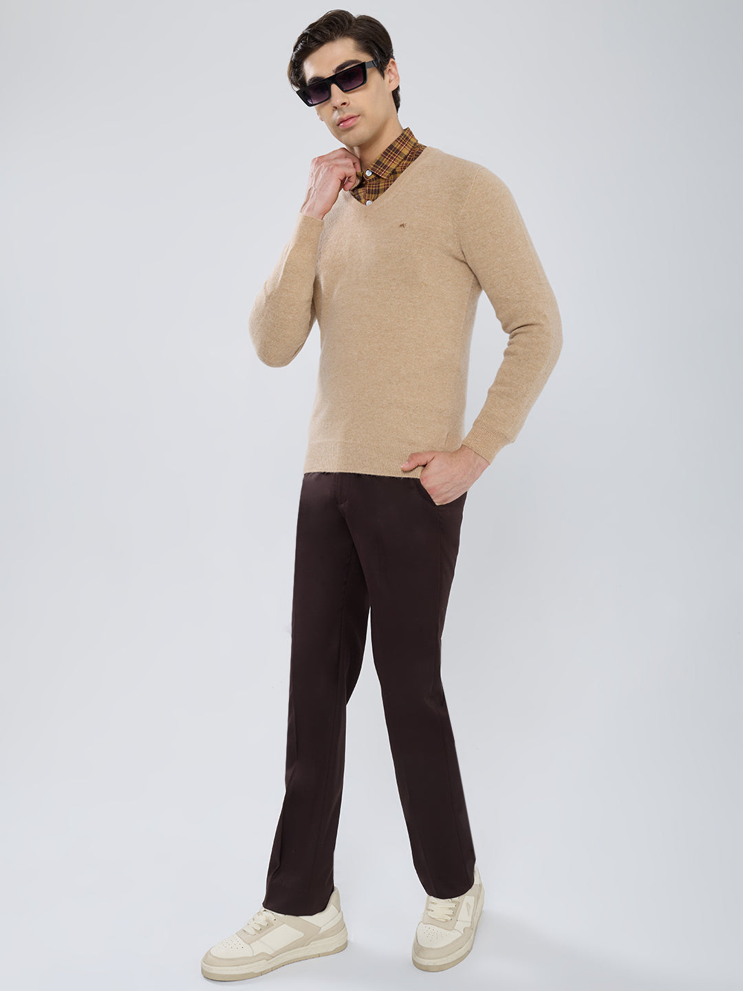 Men Camel Brown Solid V Neck Full Sleeve Pullover