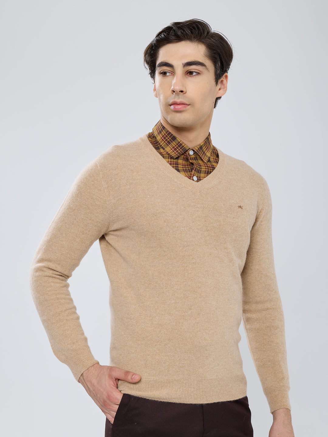 Men Camel Brown Solid V Neck Full Sleeve Pullover