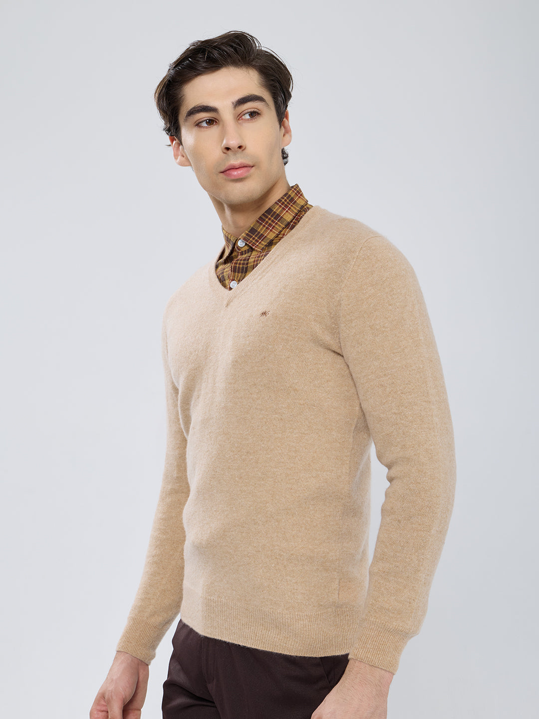 Men Camel Brown Solid V Neck Full Sleeve Pullover