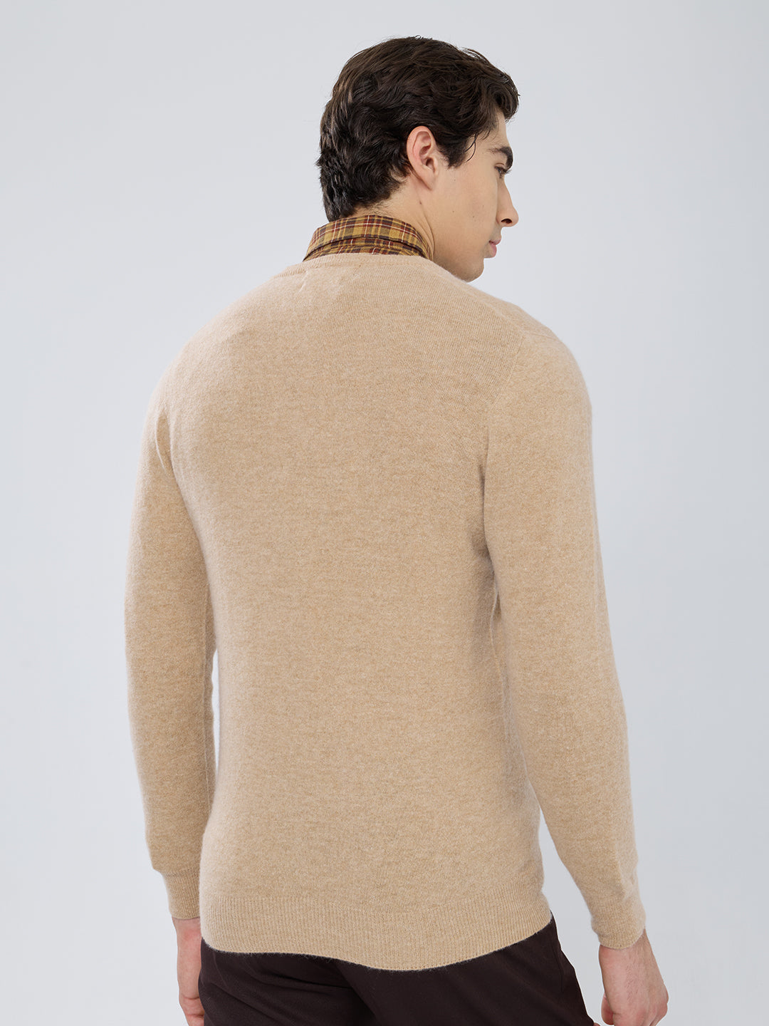 Men Camel Brown Solid V Neck Full Sleeve Pullover