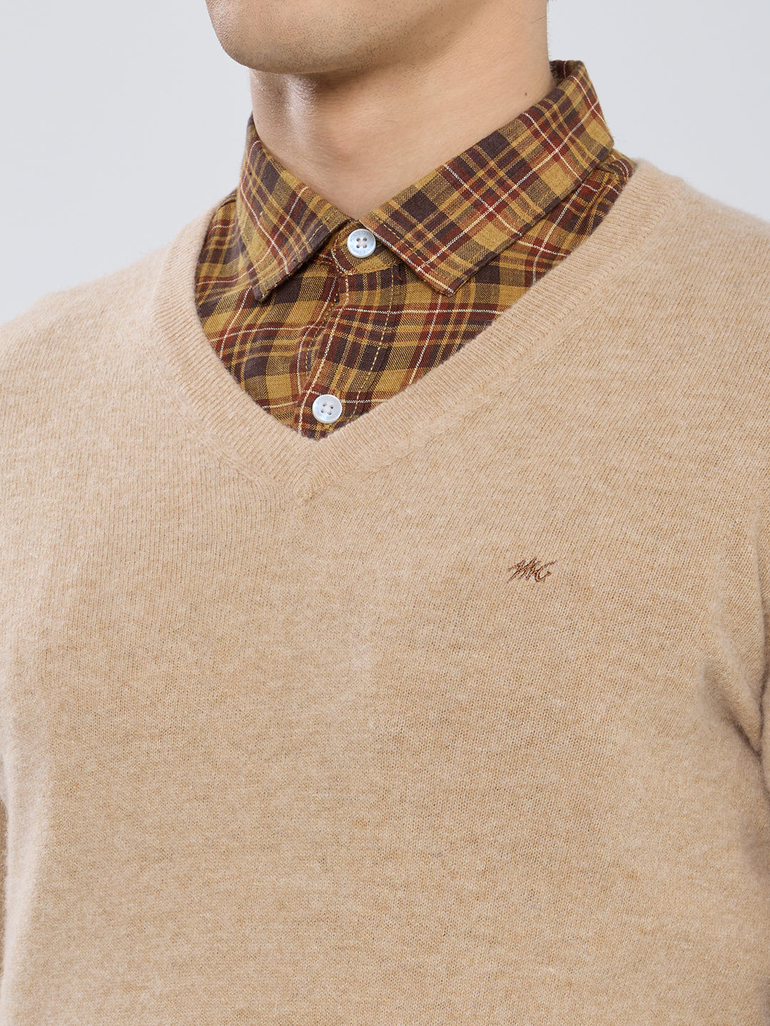 Men Camel Brown Solid V Neck Full Sleeve Pullover