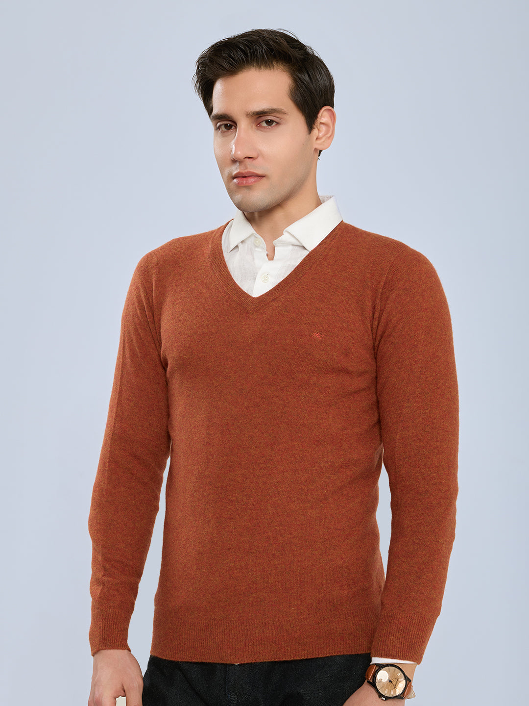 Men Rust Solid V Neck Full Sleeve Pullover