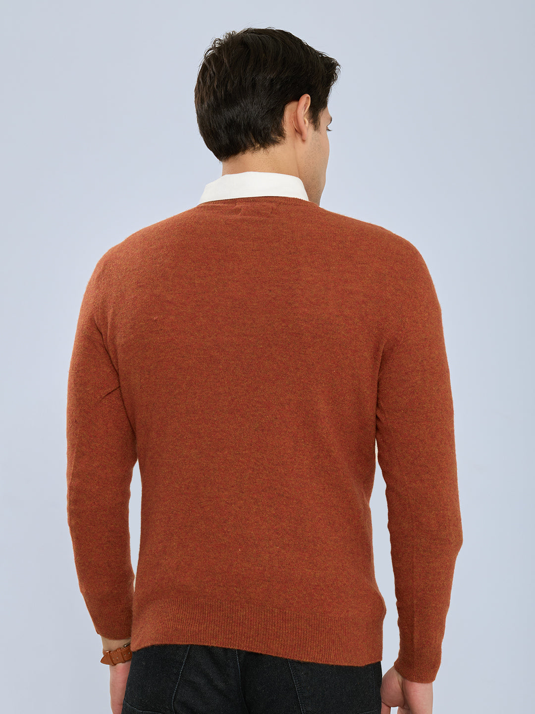 Men Rust Solid V Neck Full Sleeve Pullover