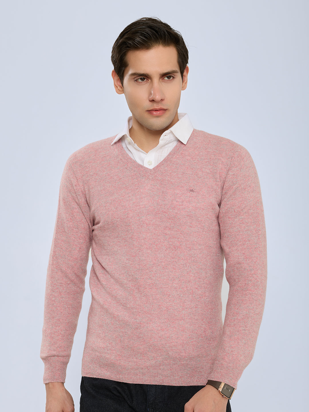 Men Pink Solid V Neck Full Sleeve Pullover