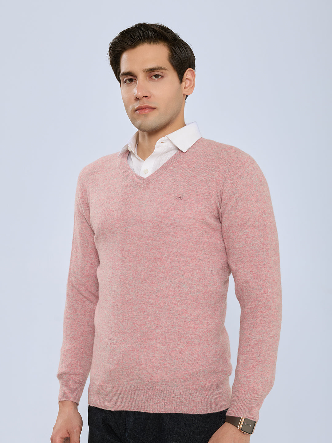 Men Pink Solid V Neck Full Sleeve Pullover