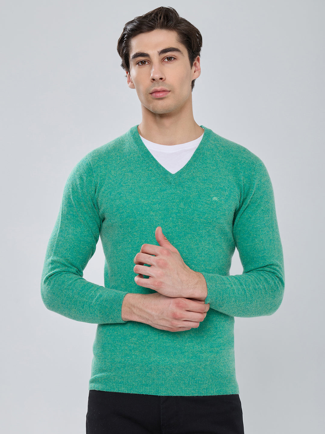 Men Sea Green Solid V Neck Full Sleeve Pullover