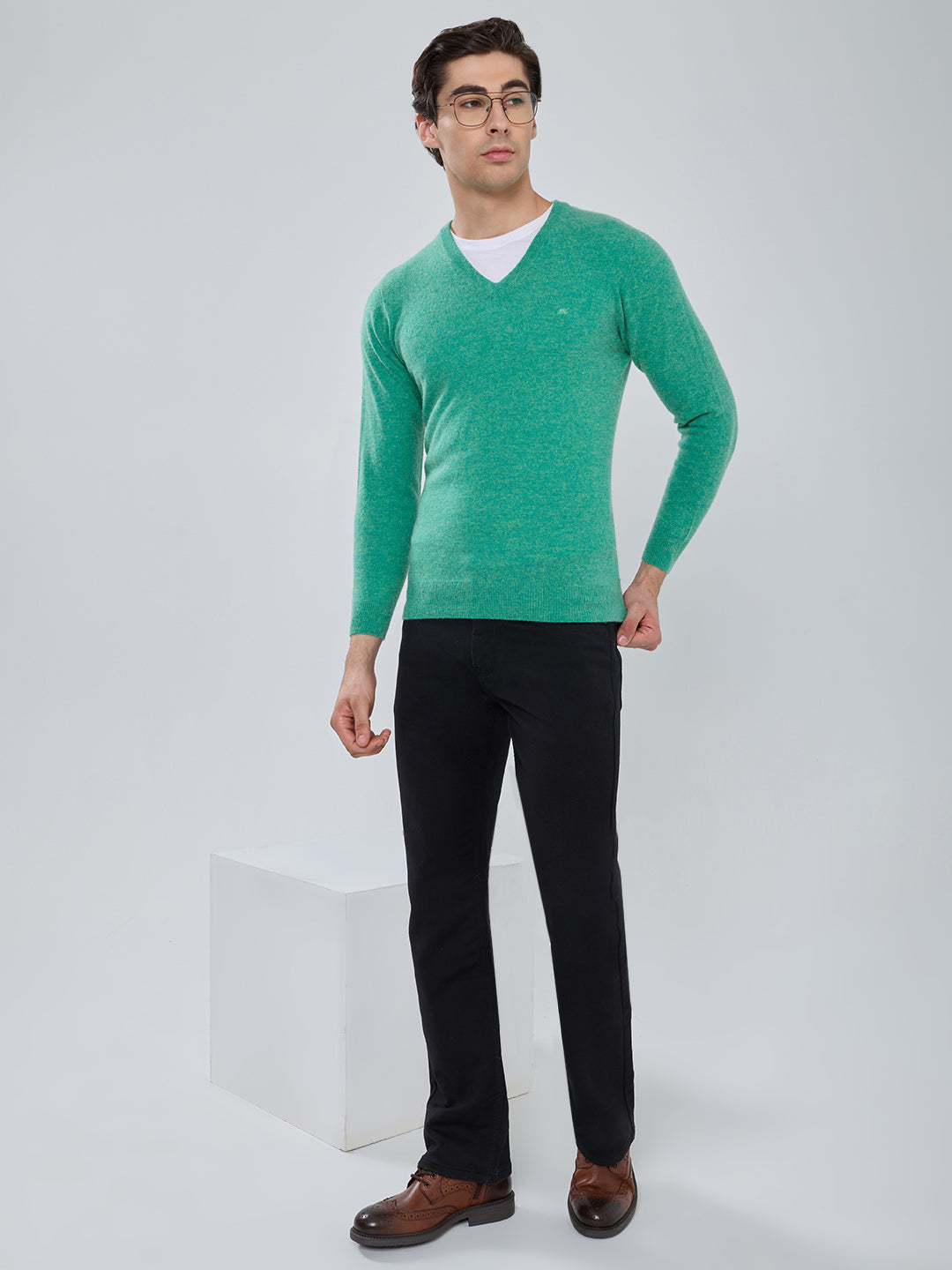 Men Sea Green Solid V Neck Full Sleeve Pullover