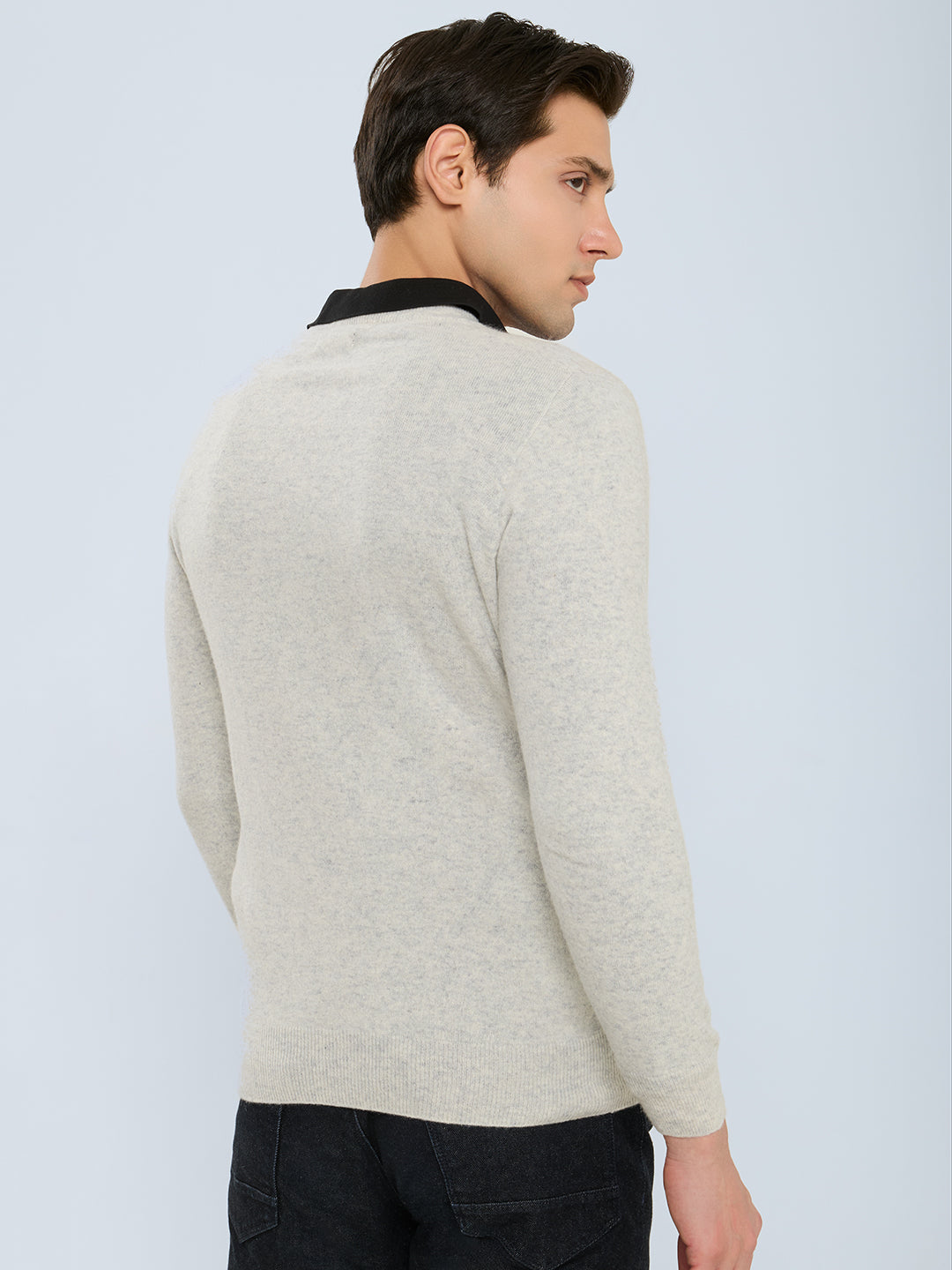 Men Grey Solid V Neck Full Sleeve Pullover