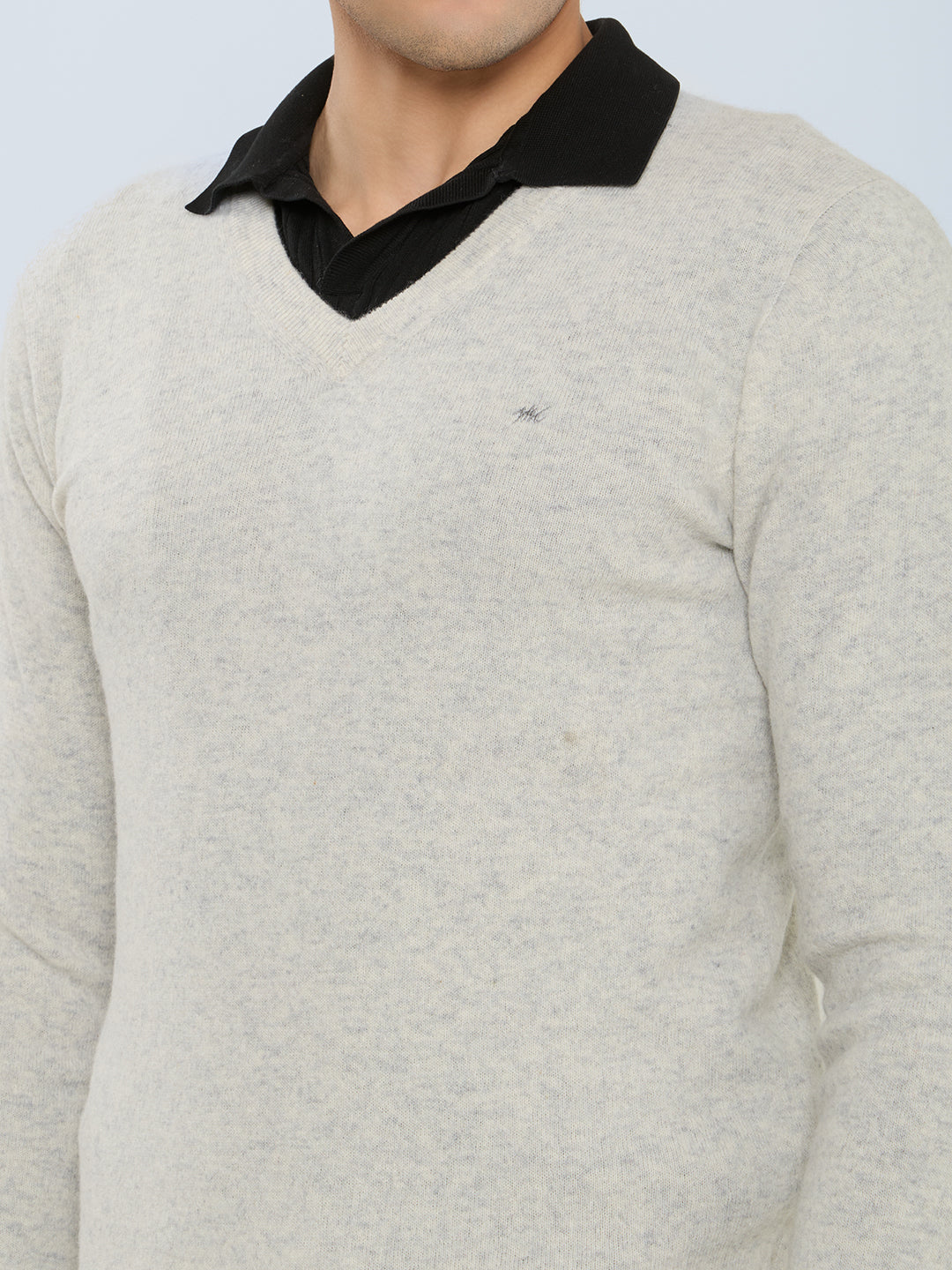 Men Grey Solid V Neck Full Sleeve Pullover