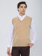 Men Camel Brown Solid V Neck Sleeveless Sweater