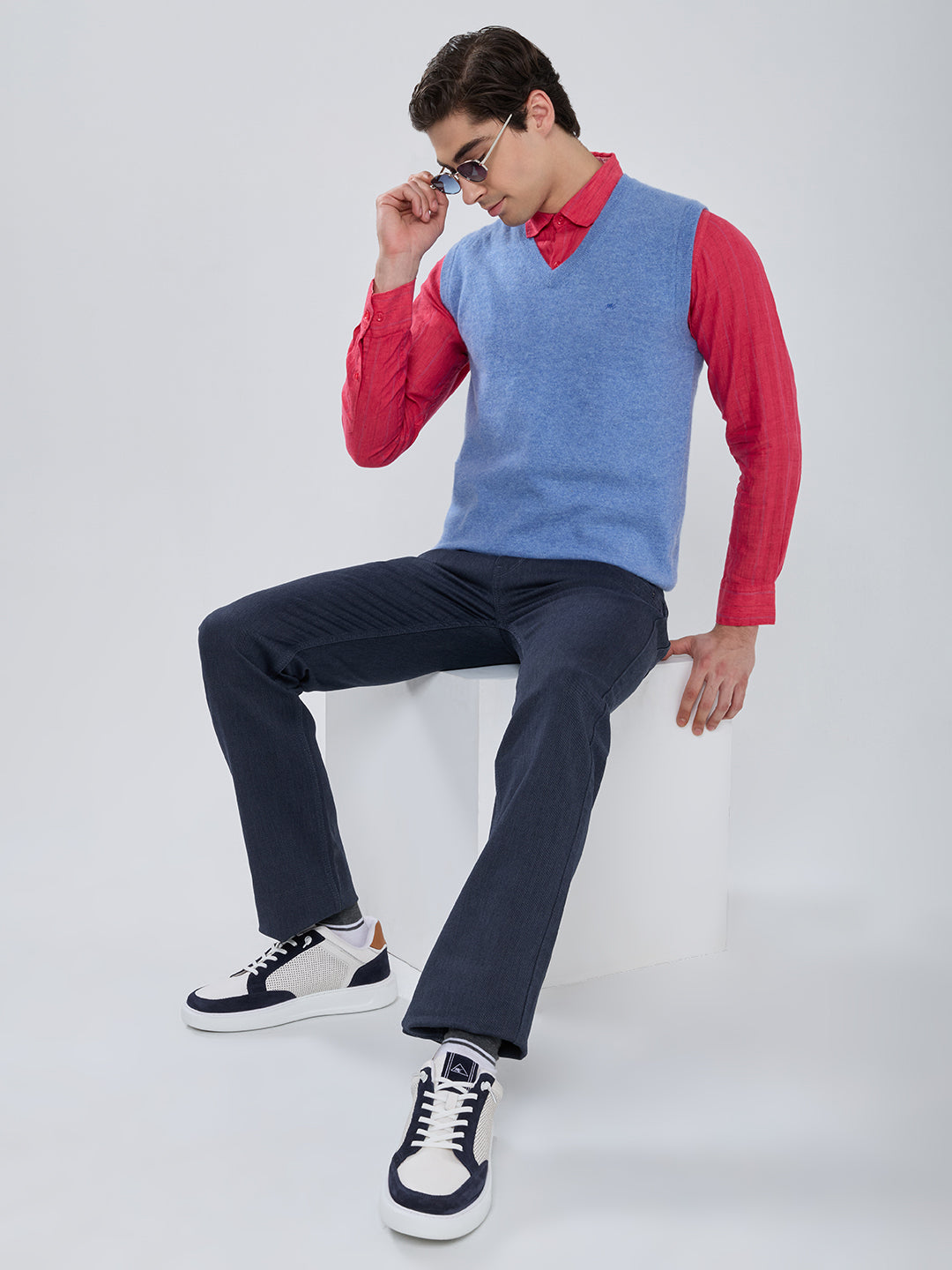 Men Sky Blue Solid V Neck Sleeveless Sweater