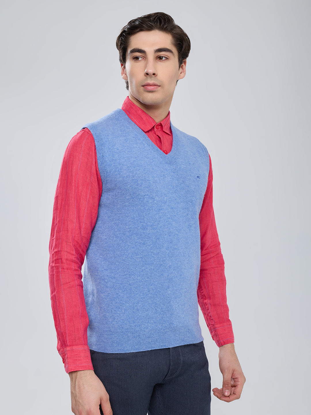 Men Sky Blue Solid V Neck Sleeveless Sweater