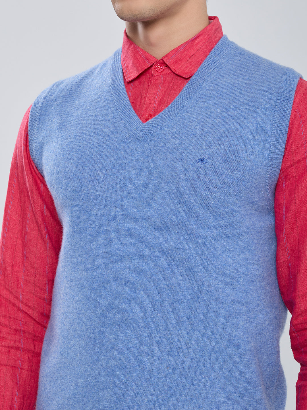 Men Sky Blue Solid V Neck Sleeveless Sweater