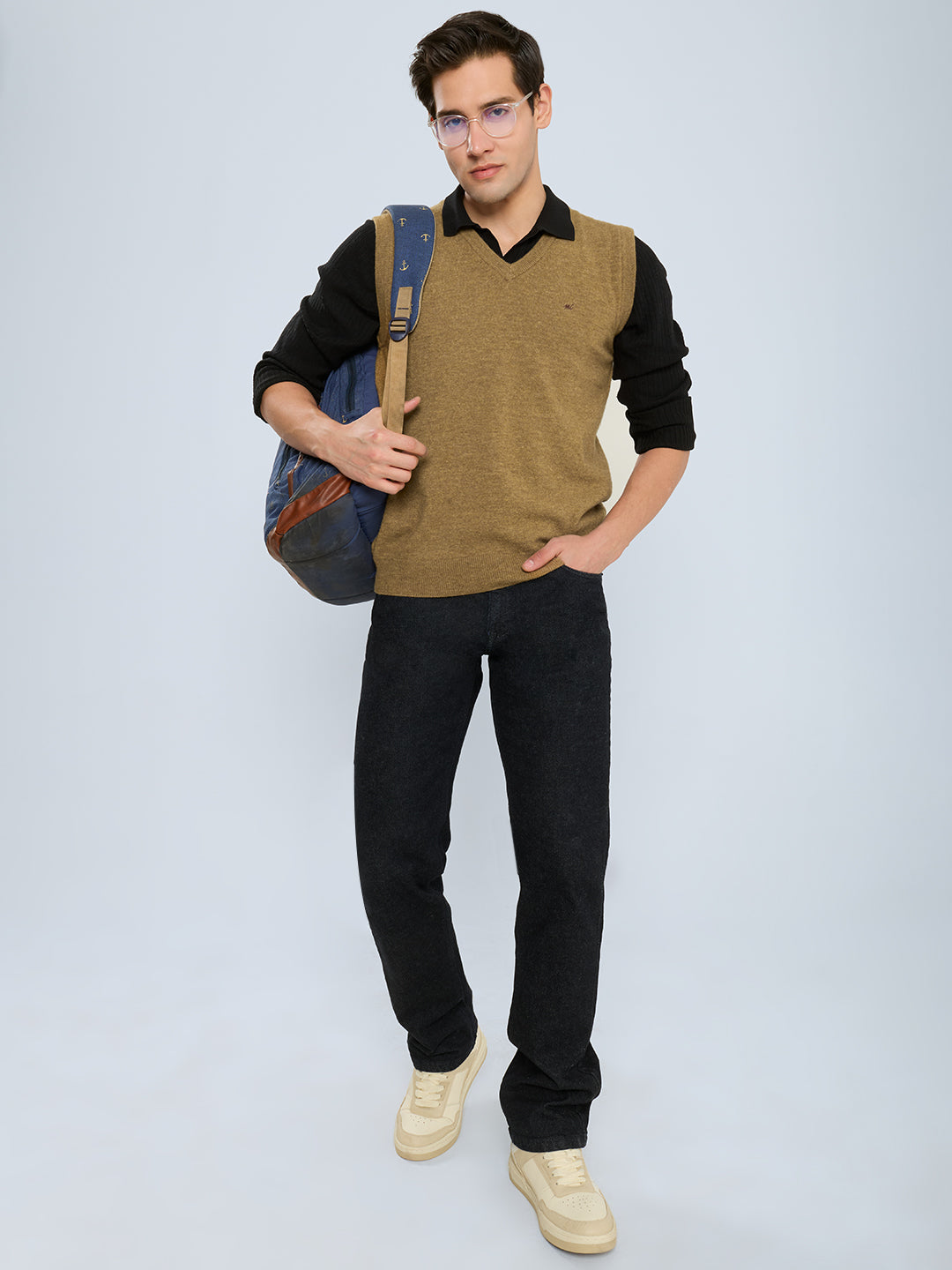 Men Khaki & Olive Solid V Neck Sleeveless Sweater