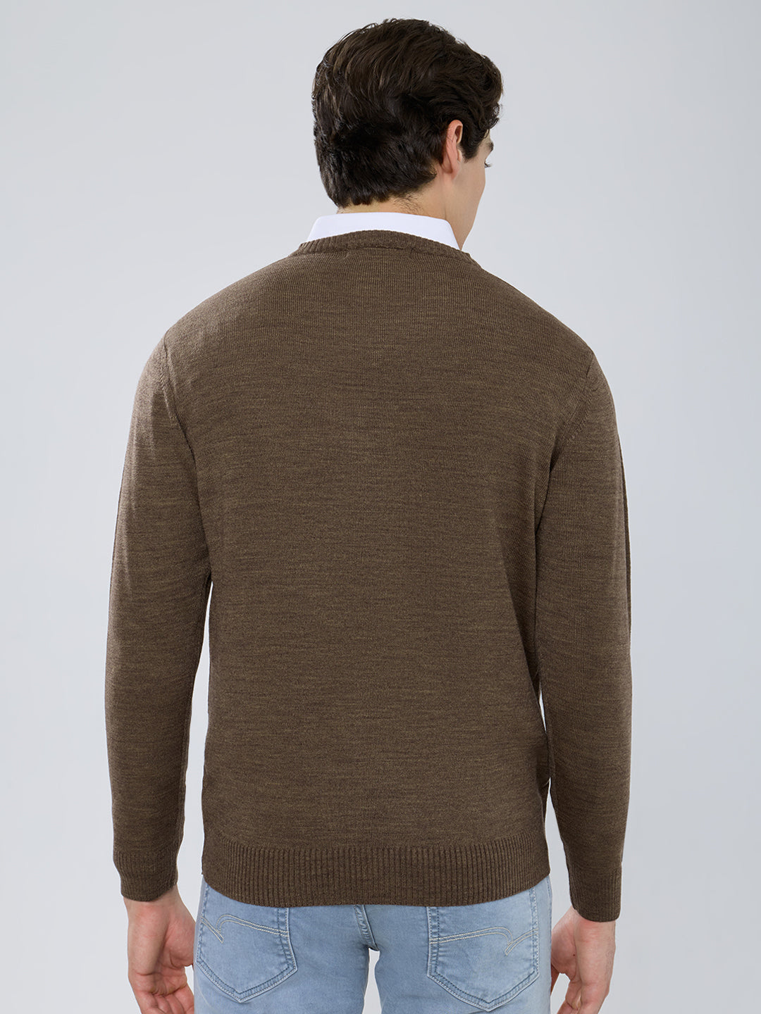 Men Brown Solid V Neck Full Sleeve Pullover