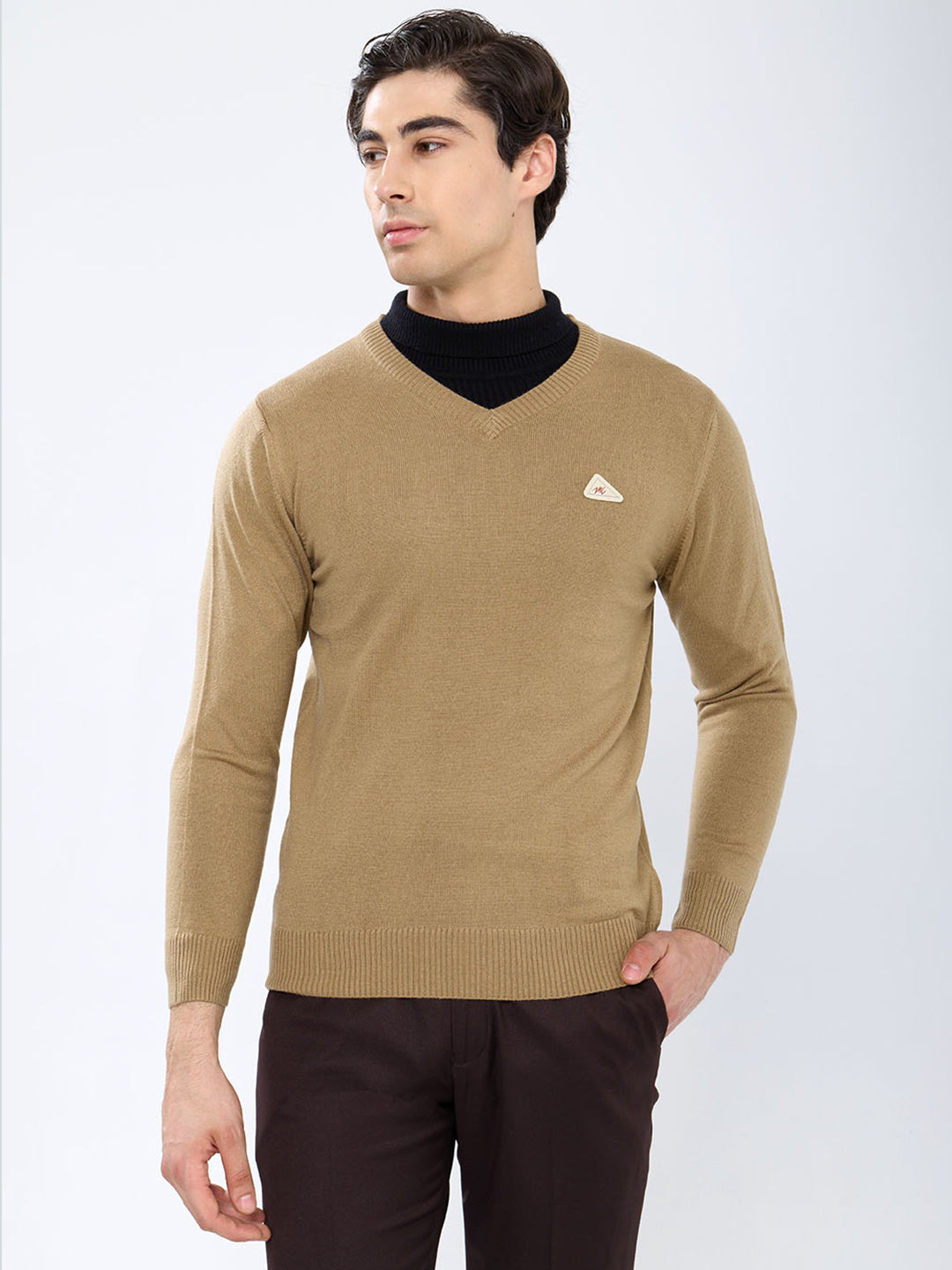 Men Camel Brown Solid V Neck Full Sleeve Pullover