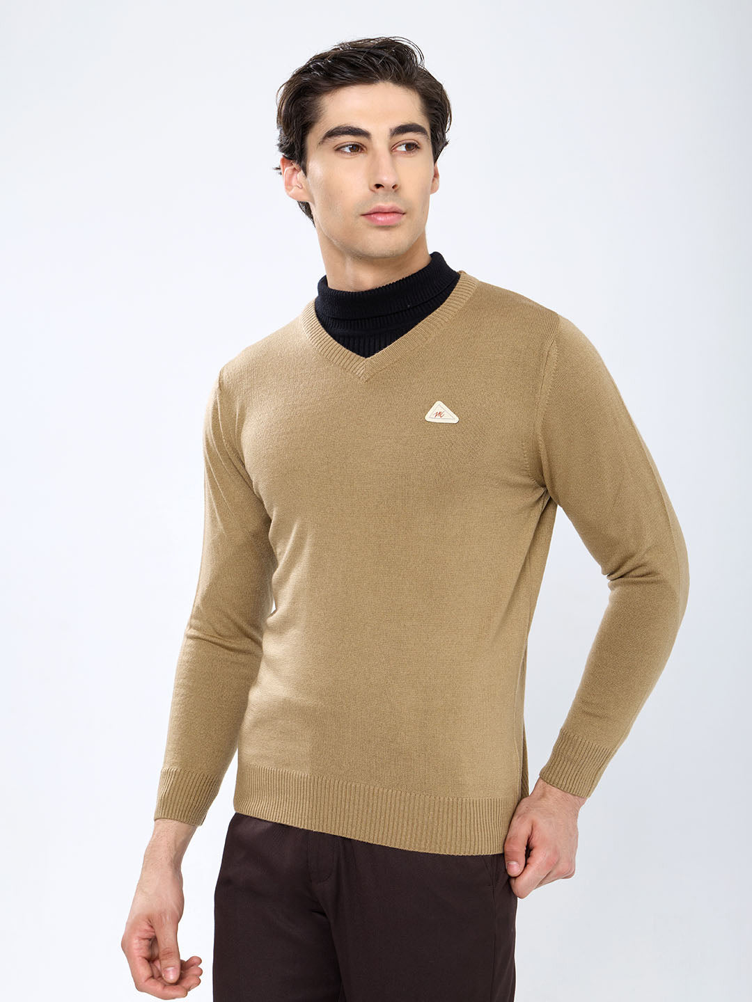 Men Camel Brown Solid V Neck Full Sleeve Pullover