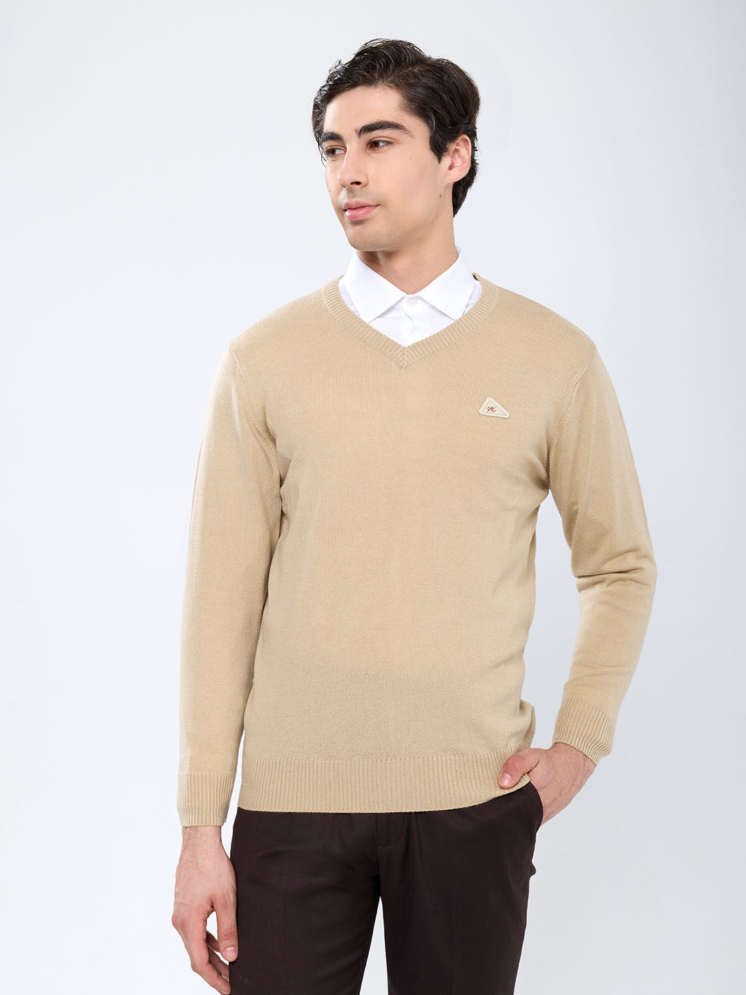 Men Camel Brown Solid V Neck Full Sleeve Pullover