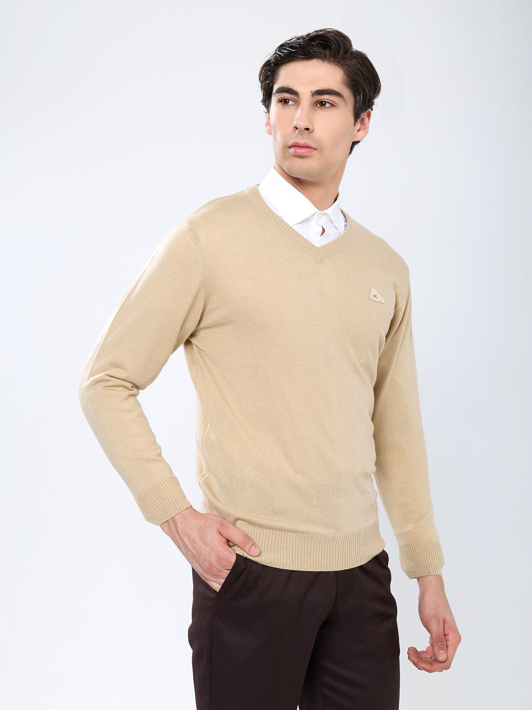 Men Camel Brown Solid V Neck Full Sleeve Pullover