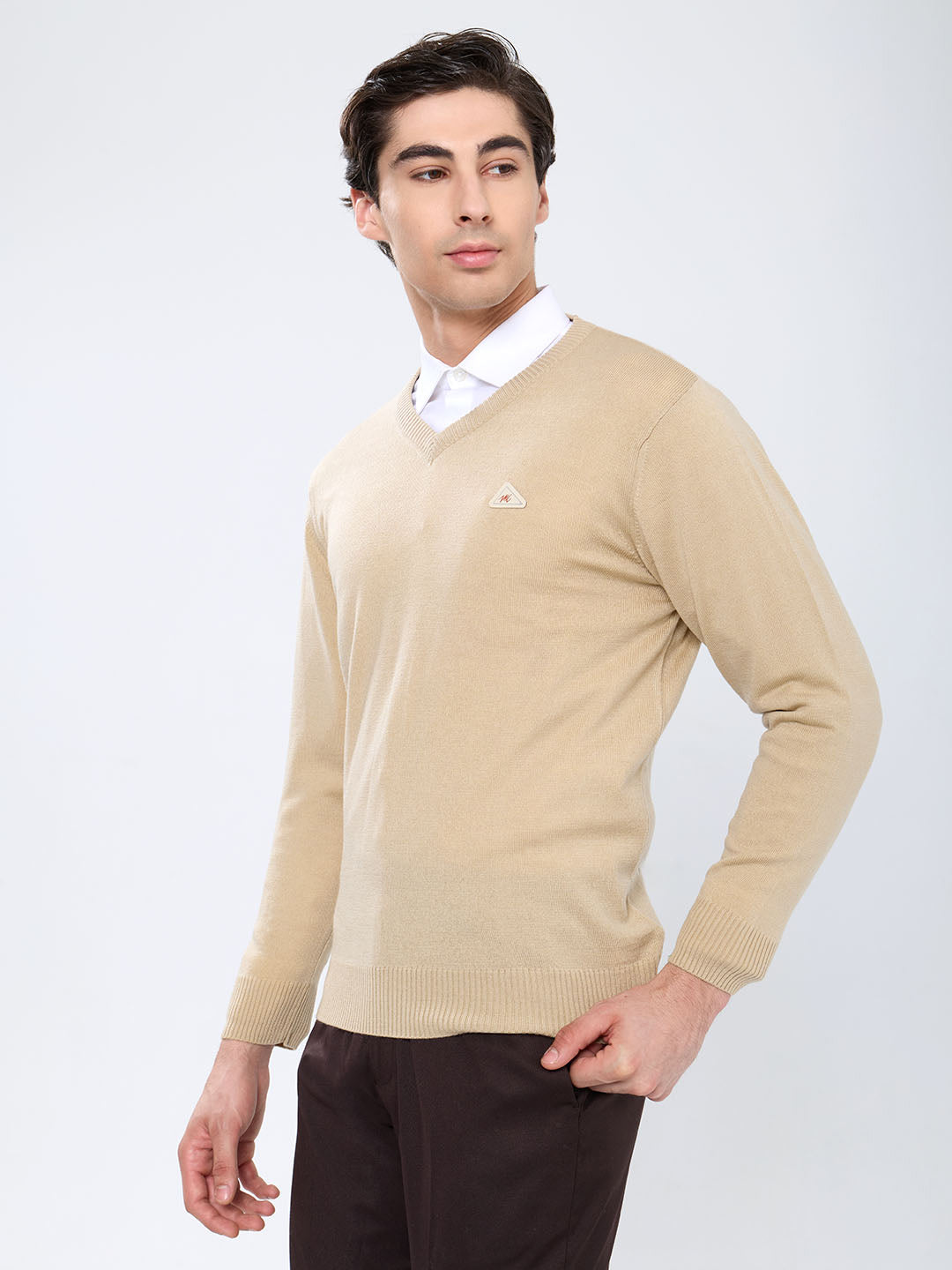 Men Camel Brown Solid V Neck Full Sleeve Pullover