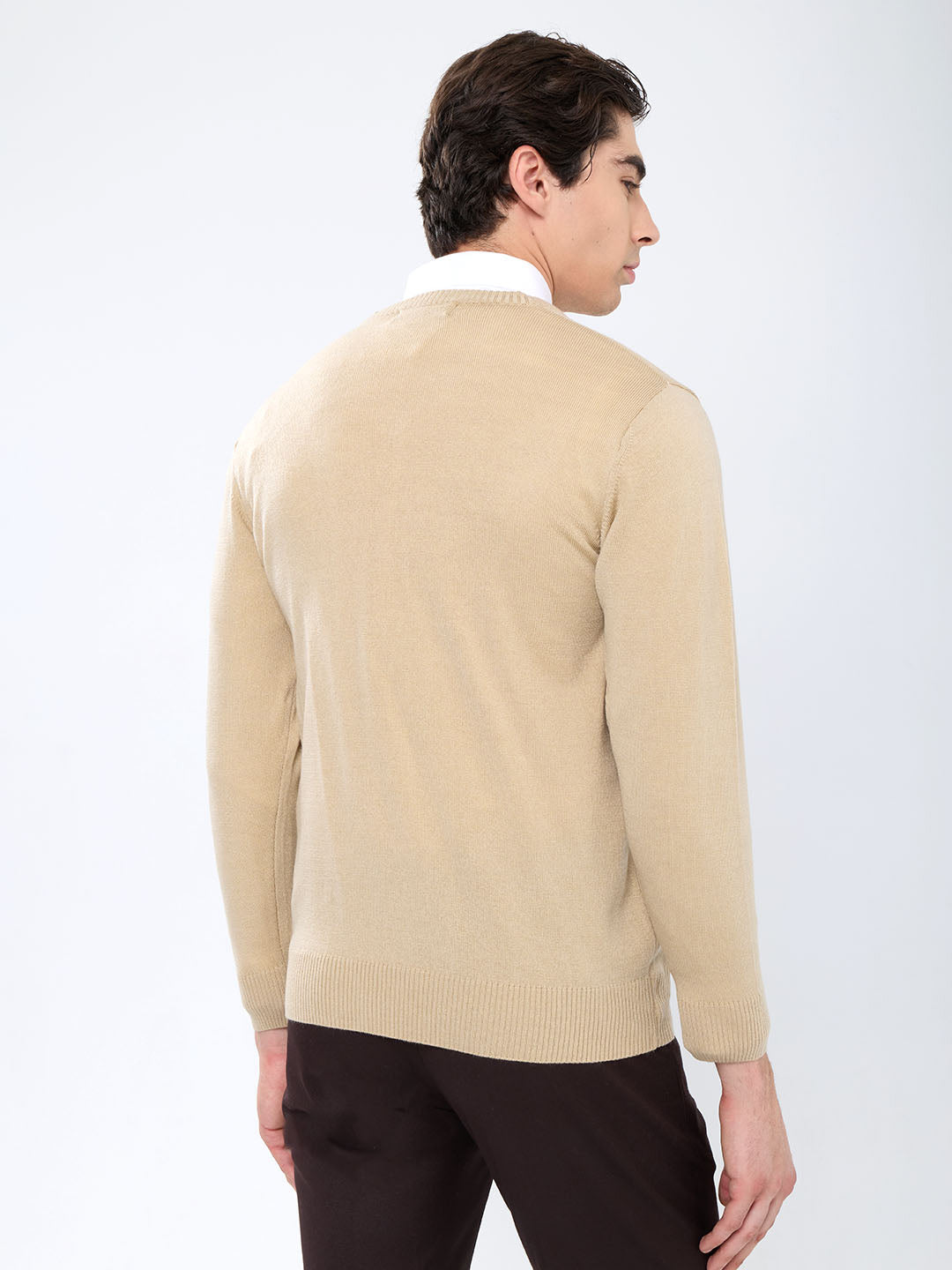 Men Camel Brown Solid V Neck Full Sleeve Pullover