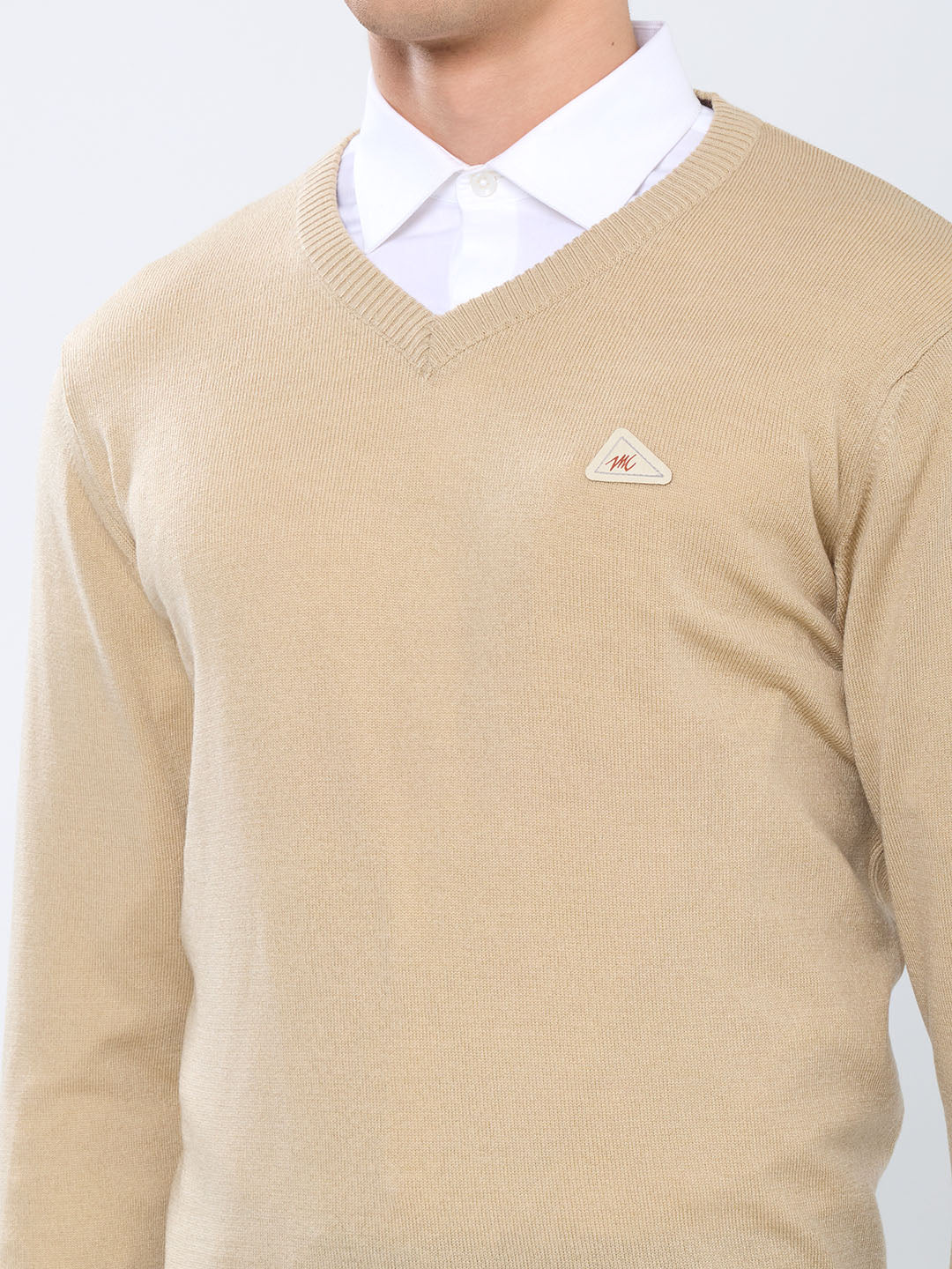 Men Camel Brown Solid V Neck Full Sleeve Pullover
